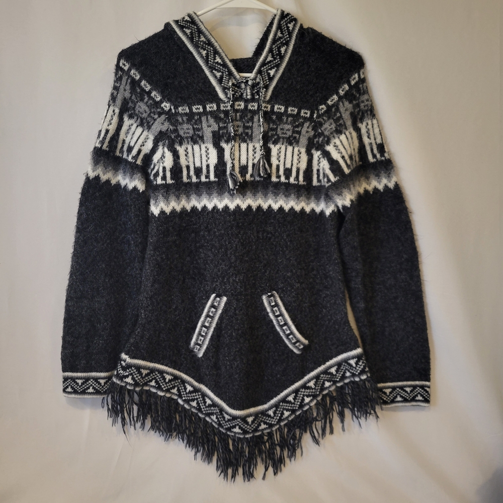 Kactus Artesanias Alpaca Hooded Pullover Sweater Gray White Fringe XS/S